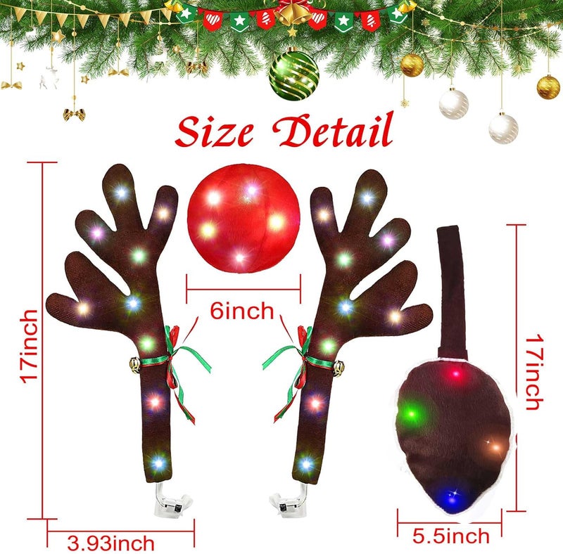 GlACBIUG Reindeer Antlers for Cars, LED 2025 Christmas Car Decorations Kit with Jingle Bells, Nose, Tail, Multicolor Light-Up Rudolph Xmas Decor for SUV, Van, Truck - Image 2